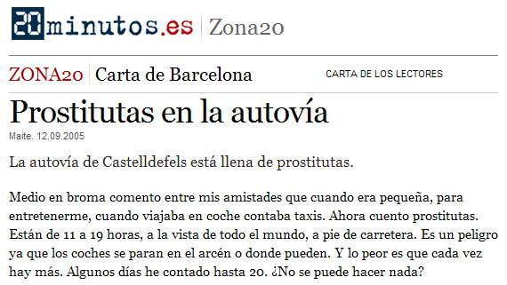 Carta publicada al diari 20 MINUTOS sobre la prostituci&oacute; a l'autovia de Castelldefels (12 de setembre de 2005)